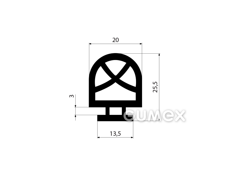 Geformtes Gummiprofil mit 5 Löchern, 25,5x20mm, 60°ShA, EPDM, -40°C/+100°C, schwarz, 
